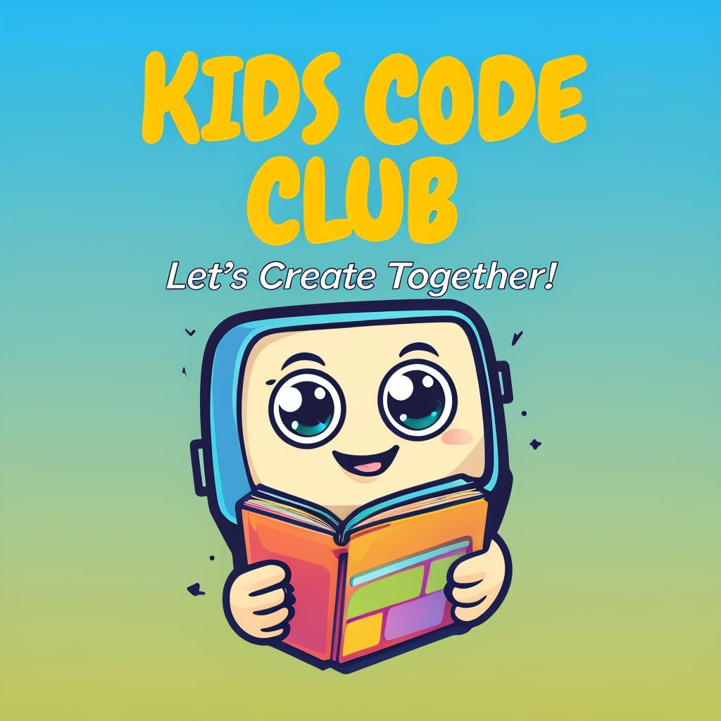 Vibrant Kids Code Club Cartoon Logo with Friendly Computer Character