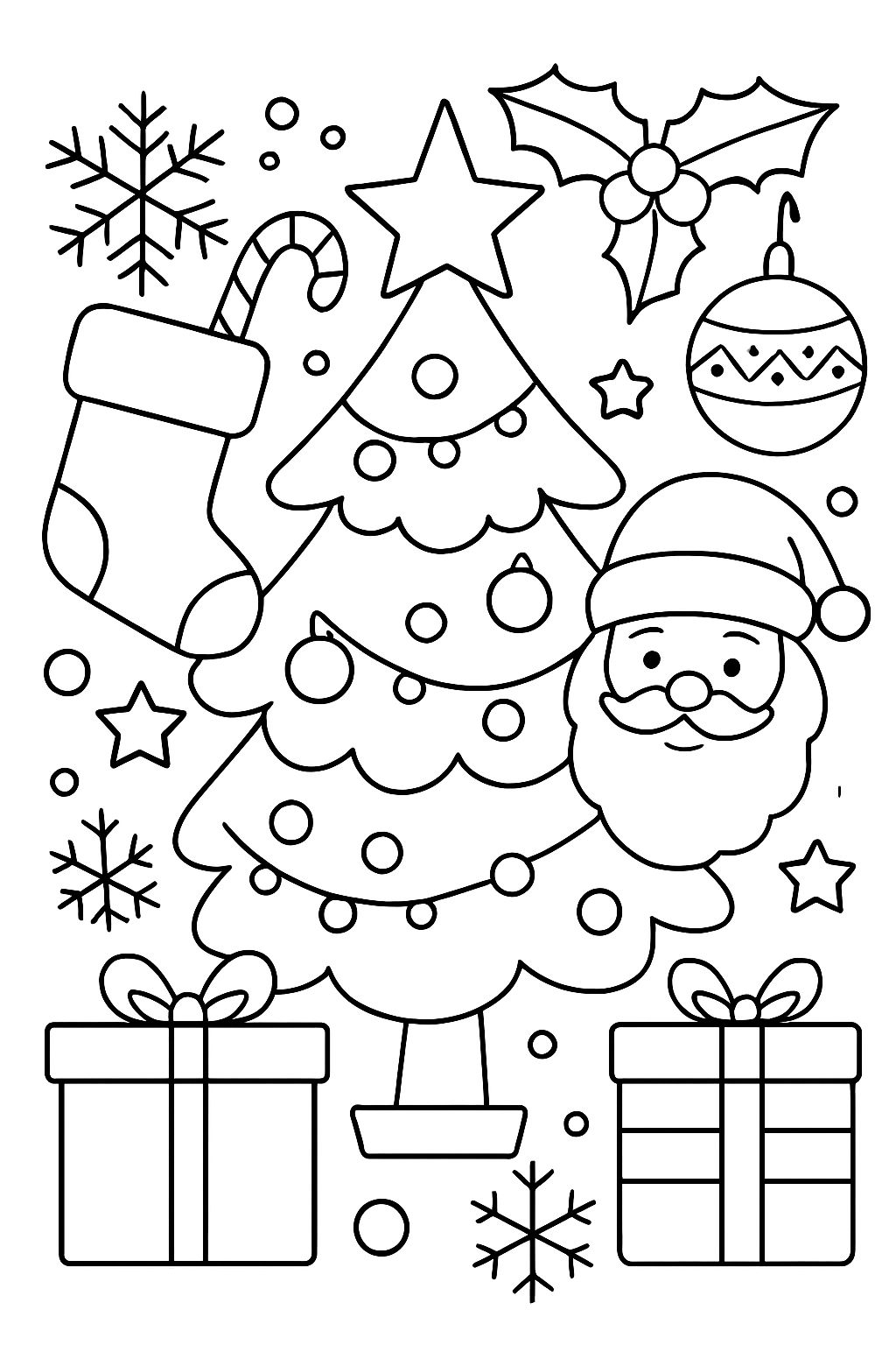 Festive Christmas Tree and Santa Claus Coloring Page Design
