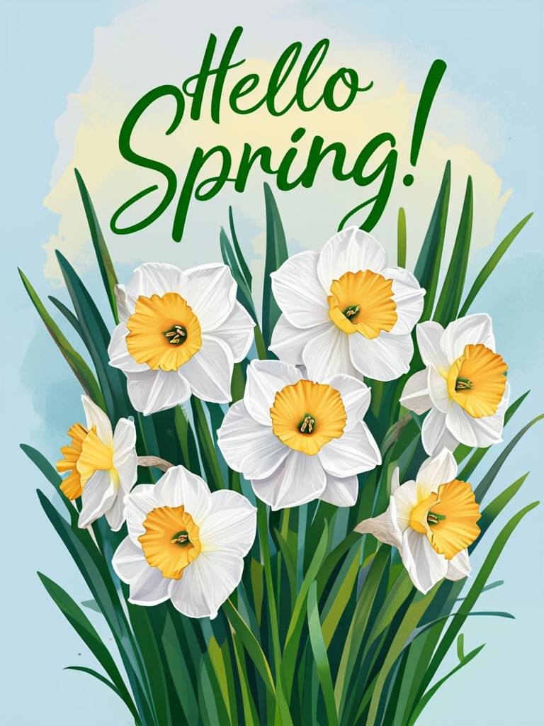 Vibrant White Daffodil Bouquet with Hello Spring! Greeting Card Poster