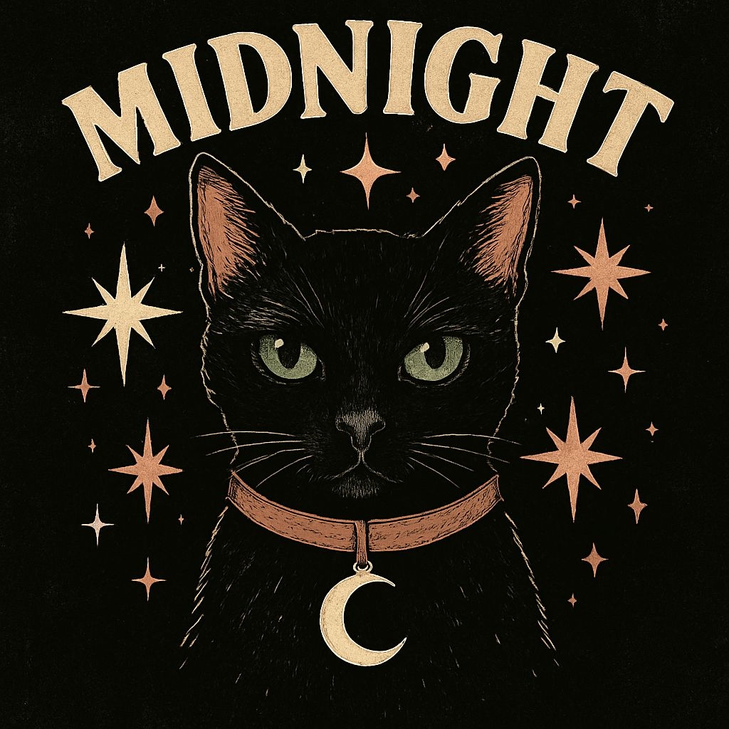 Mystical Black Cat with Stars and Midnight Text Illustration Hat