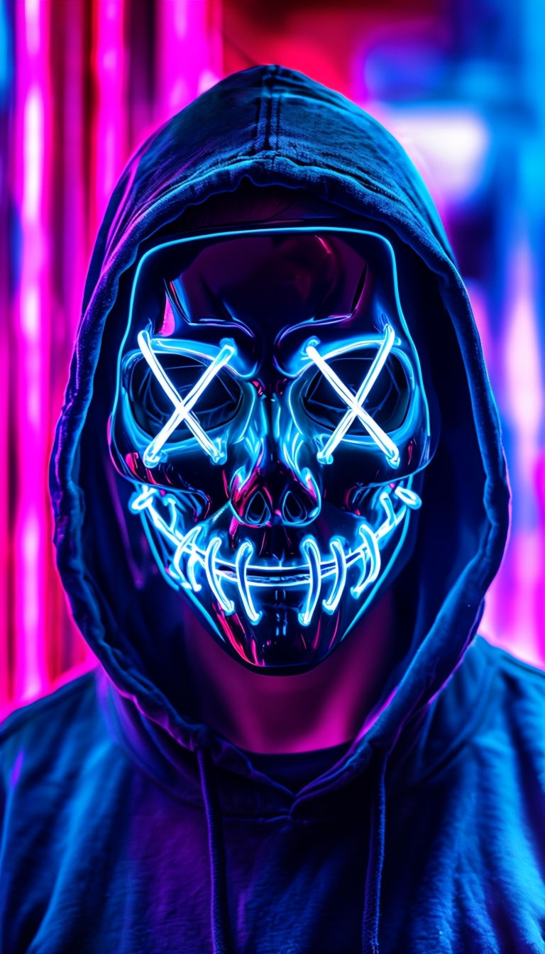 Neon Masked Figure in Vibrant Cyberpunk Atmosphere Mobile Wallpaper