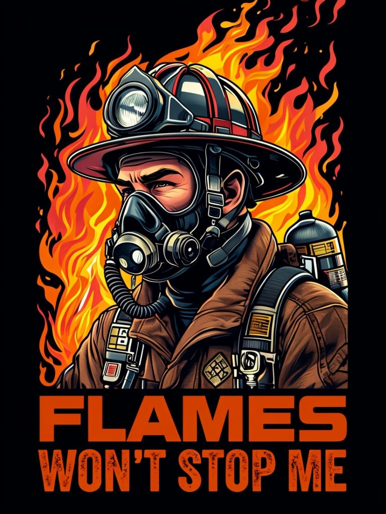 Determined Firefighter Facing Flames with Motivational Text T-Shirt