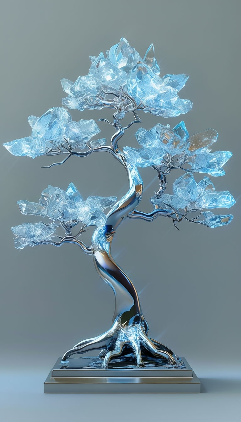 Surreal Crystalline Bonsai Tree Digital Art with Metallic Base Mobile Wallpaper