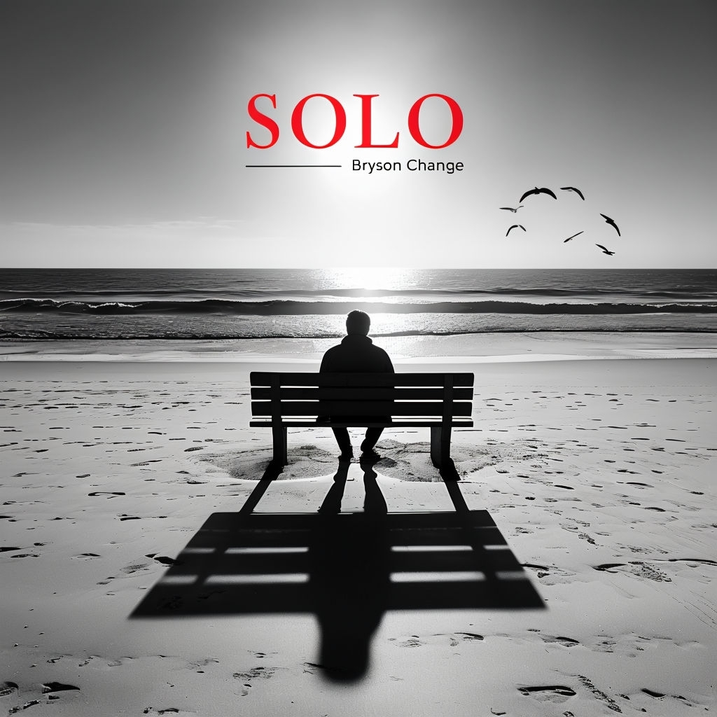 Serene Black and White Beach Scene with Bold Red Text Album Cover