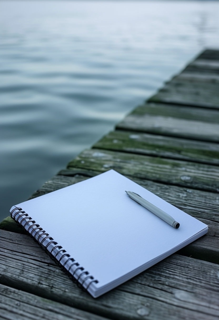 Tranquil White Spiral Notebook and Pen on Wooden Dock Mockup