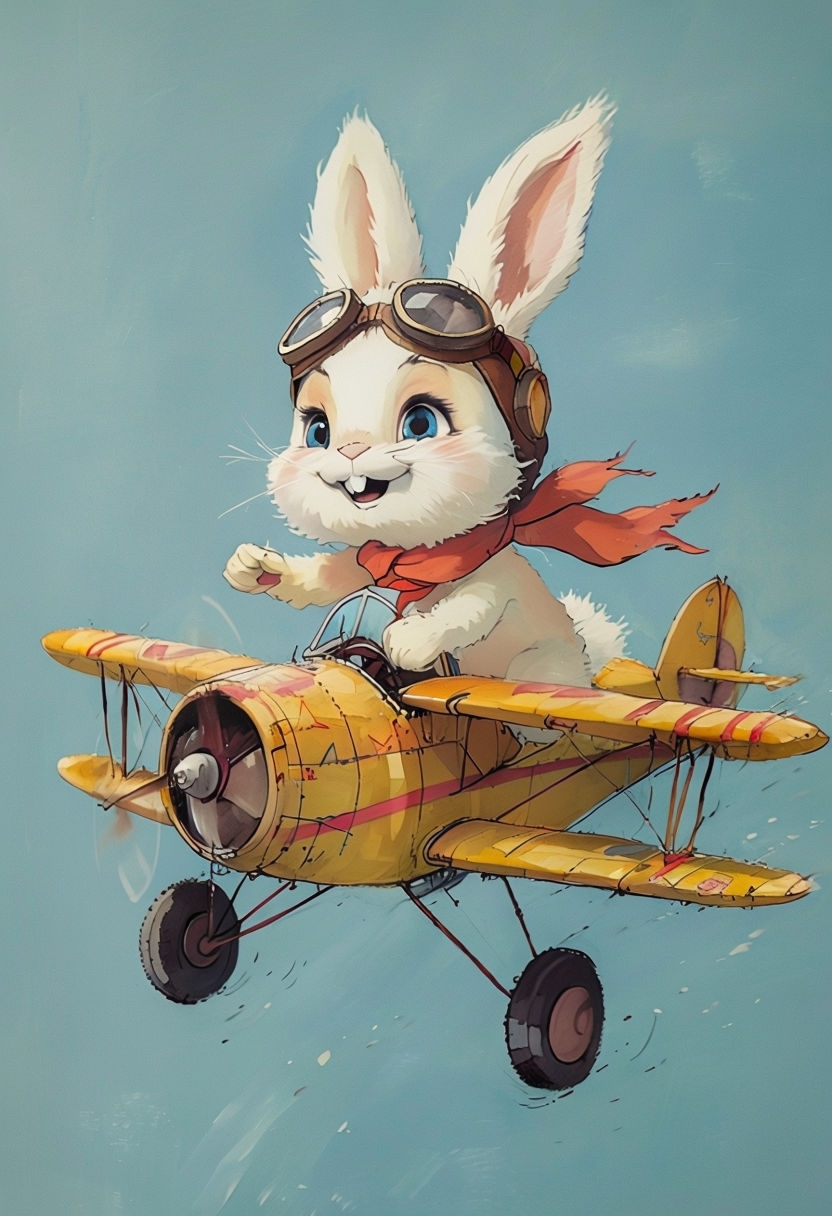 Enthusiastic Rabbit Pilot in Whimsical Biplane Artwork