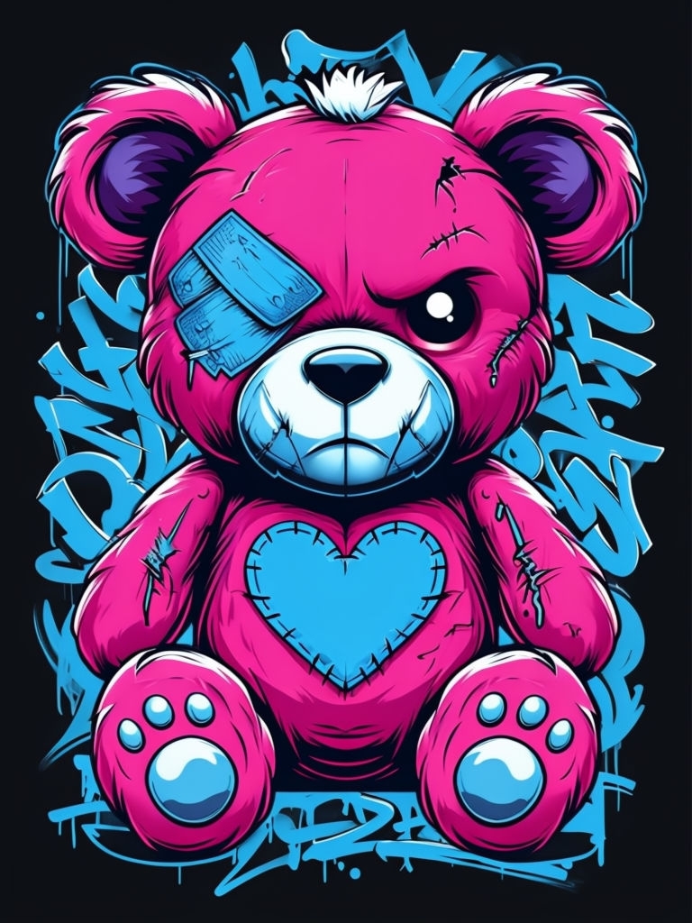 Vibrant Graffiti Teddy Bear Illustration T-Shirt