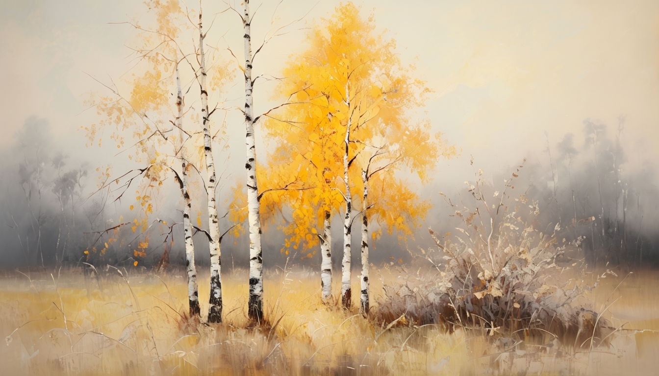 Serene Autumn Birch Trees Landscape Painting Virtual Background