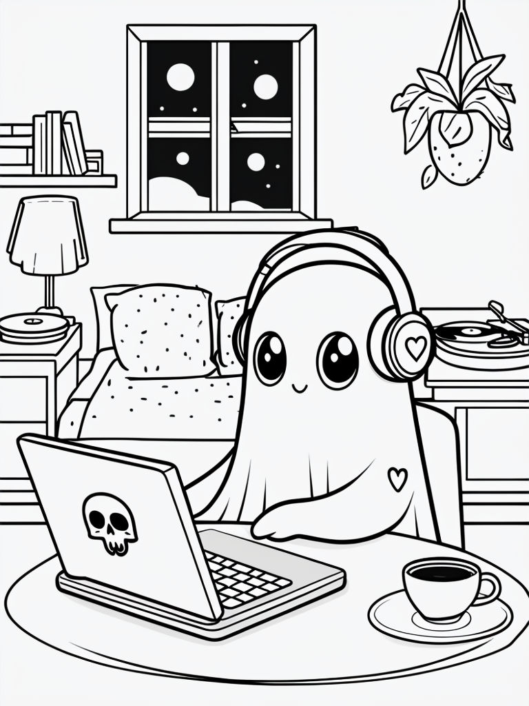 Cozy Cartoon Ghost at Table with Laptop and Coffee Coloring Book Page
