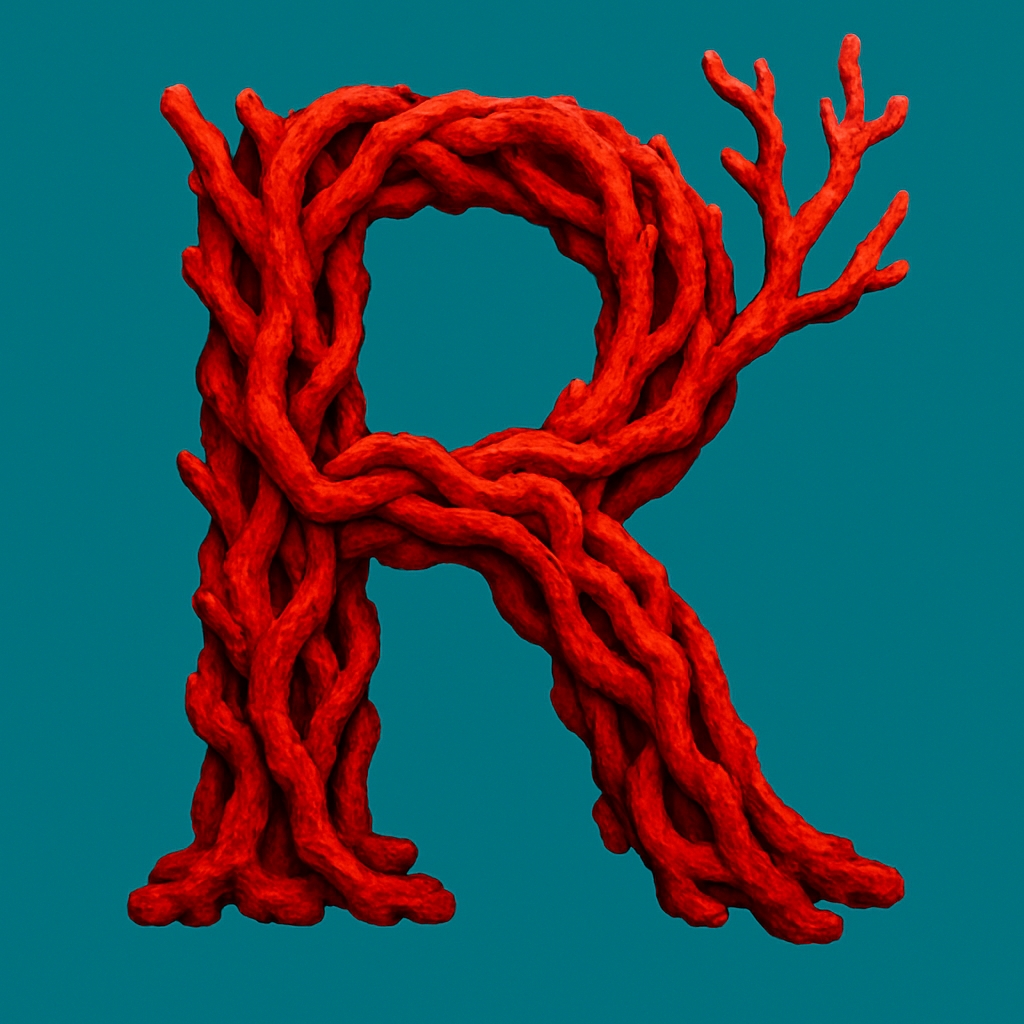 Intricate Red Organic Letter R on Teal Background Monogram
