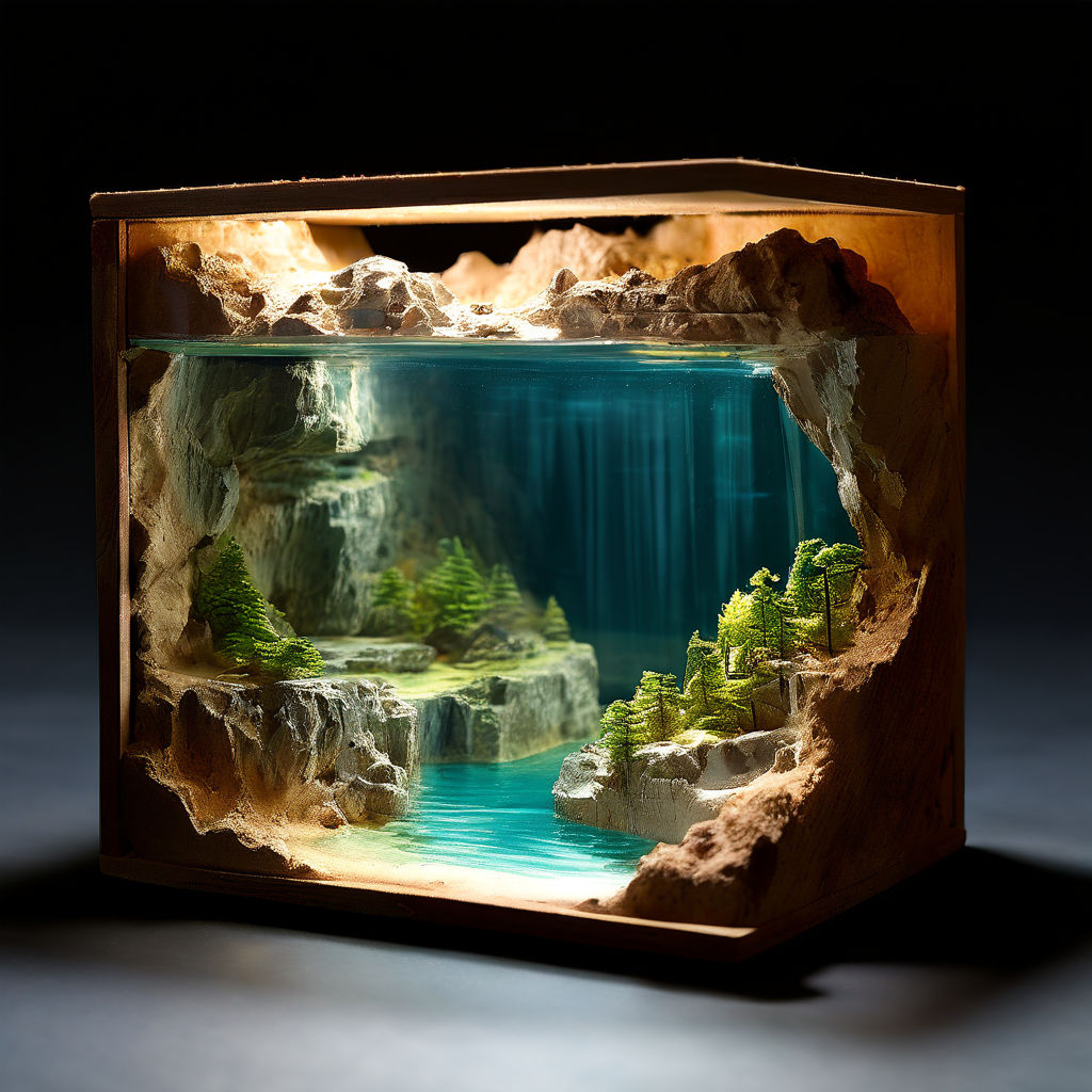 Tiny cutaway cube diorama of a lake in a cave by Deven Kersch - Playground