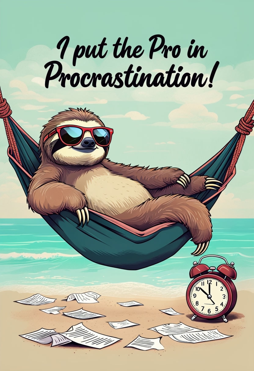 Cheerful Cartoon Sloth Procrastination Illustration Poster