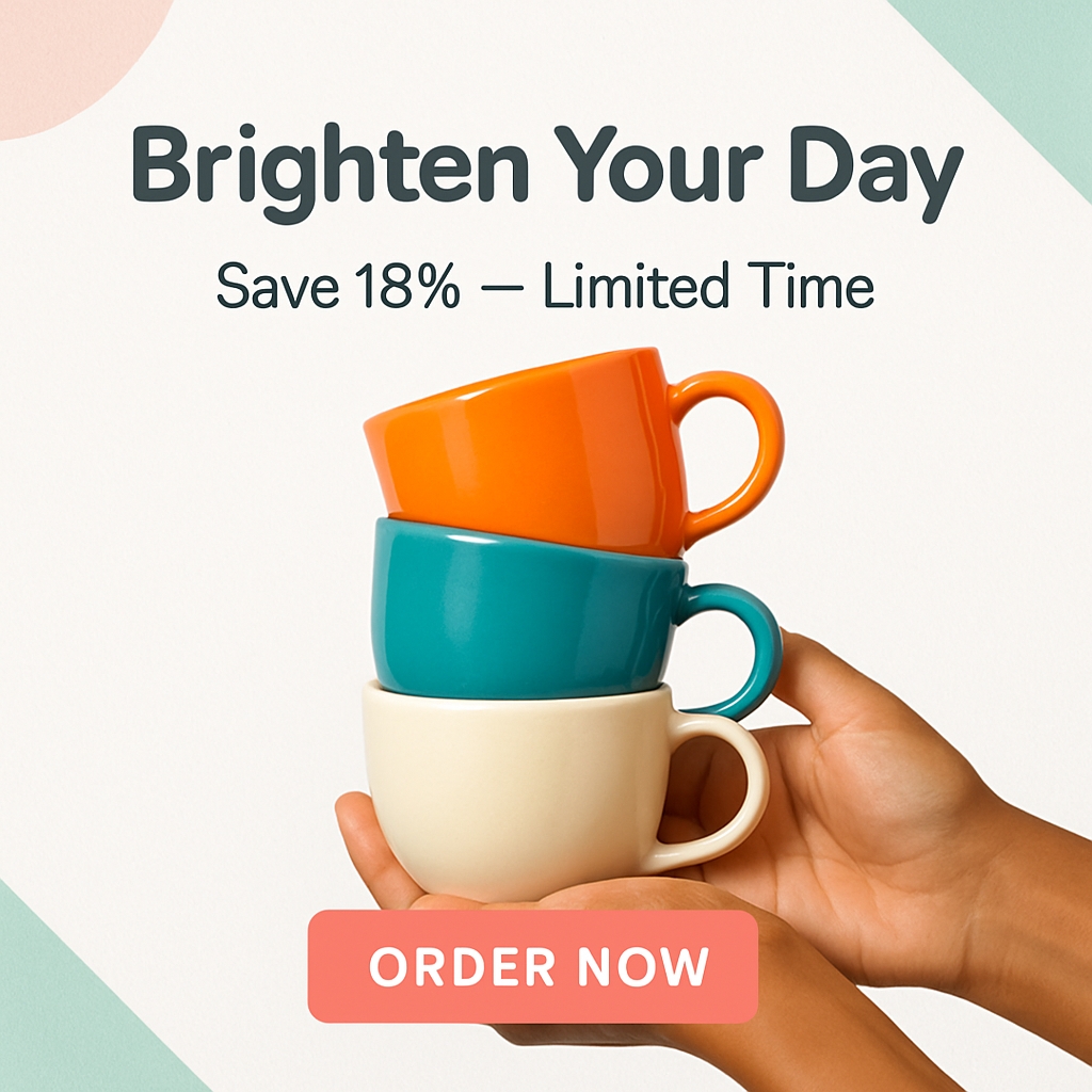 Brighten Your Day Coffee Promotion with Colorful Ceramic Cups Ads