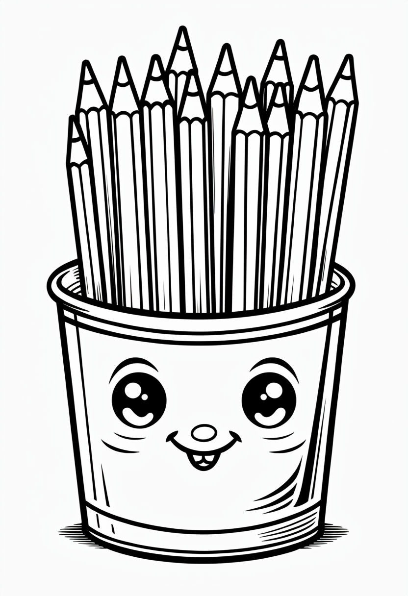 Cheerful Cartoon Container Filled with Art Supplies Coloring Book Pages