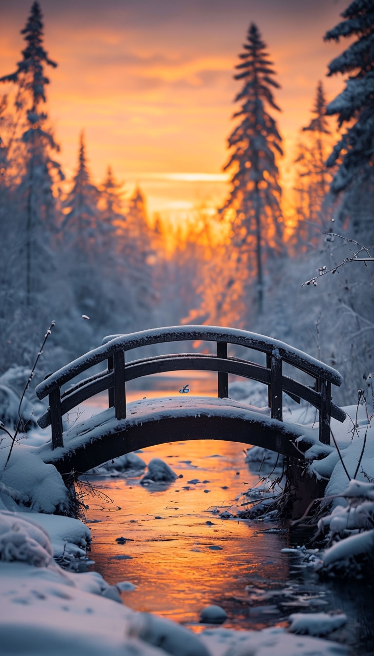 Serene Winter Landscape with Bridge and Sunset Reflection Mobile Wallpaper