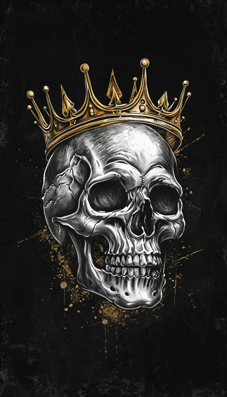 Ornate Silver Skull with Golden Crown Dark Illustration Mobile Wallpaper