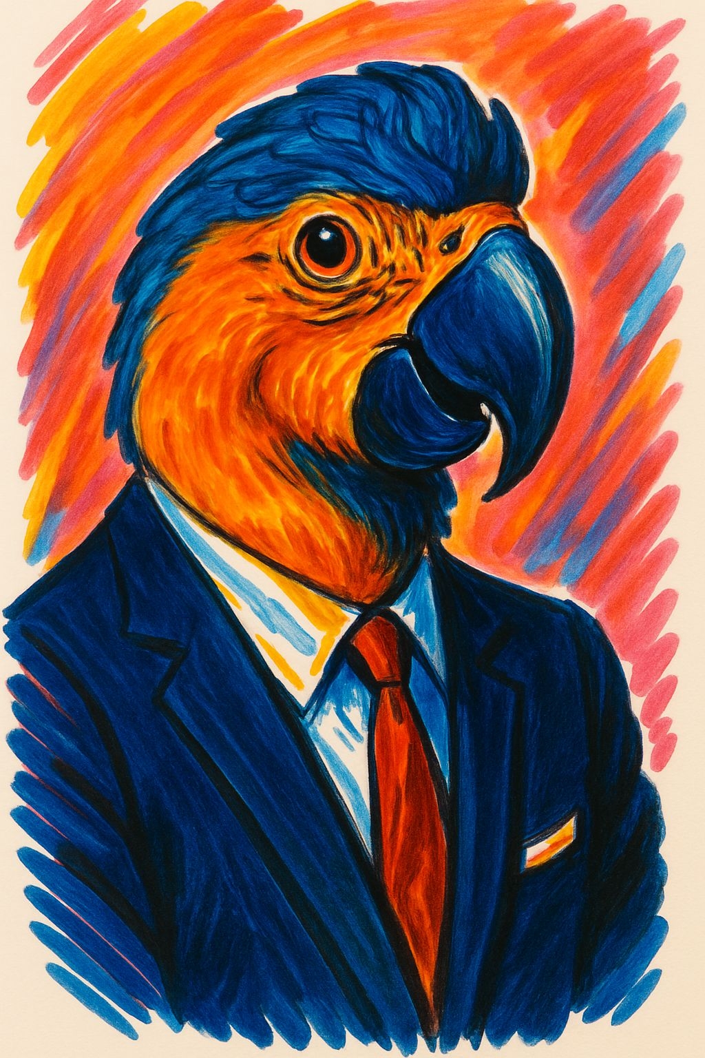 Whimsical Anthropomorphic Parrot in Formal Attire Artwork