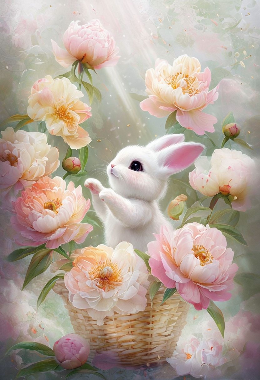 Whimsical Bunny Among Blooming Peonies Dreamy Illustration Poster