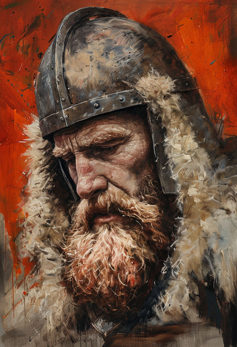 Impressive Bearded Warrior in Metal Helmet Painting Art