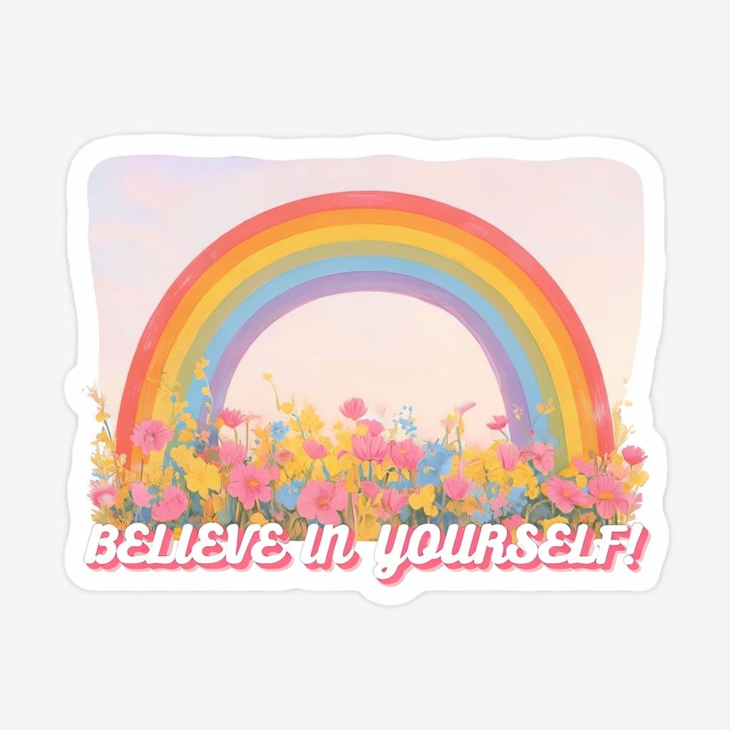 Vibrant Rainbow and Flowers Believe in Yourself Sticker