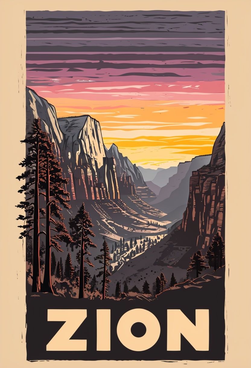Serene Zion National Park Linocut Travel Poster Illustration