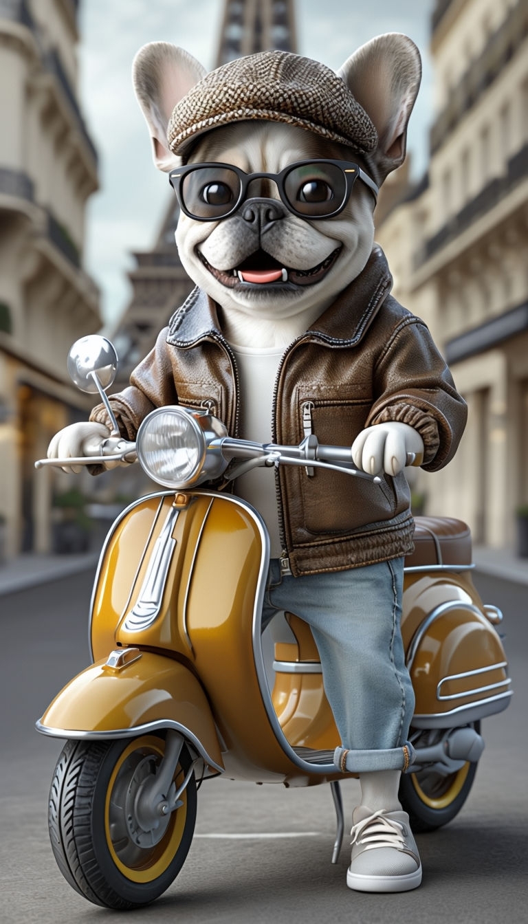 Charming French Bulldog Character on Vintage Scooter Art