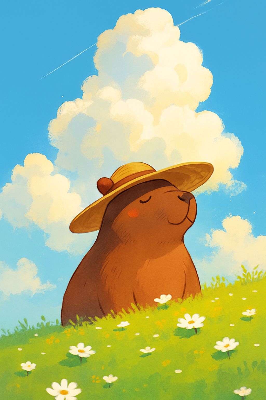 Serene Cartoon Bear in Straw Hat Surrounded by Daisies Art