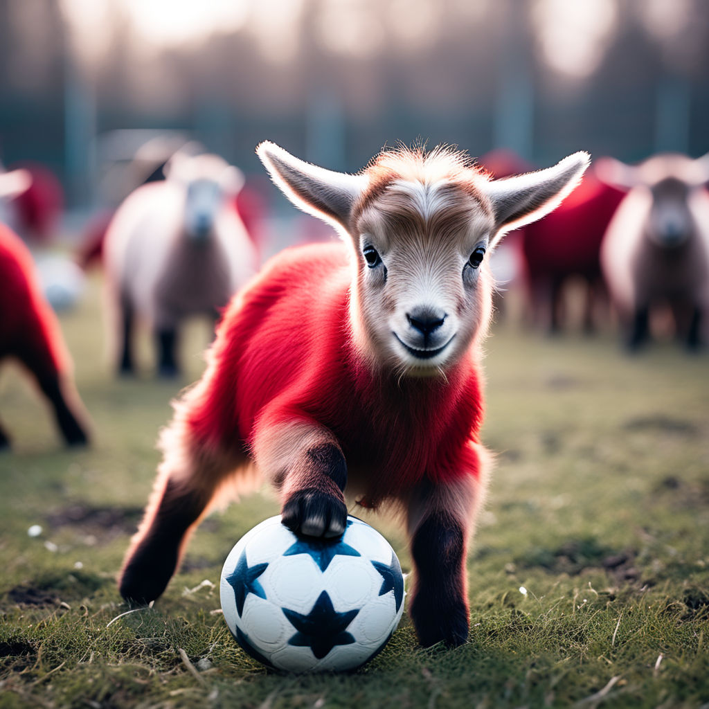 Cute picture of a baby red goat playing soccer on the field by Mobz ...