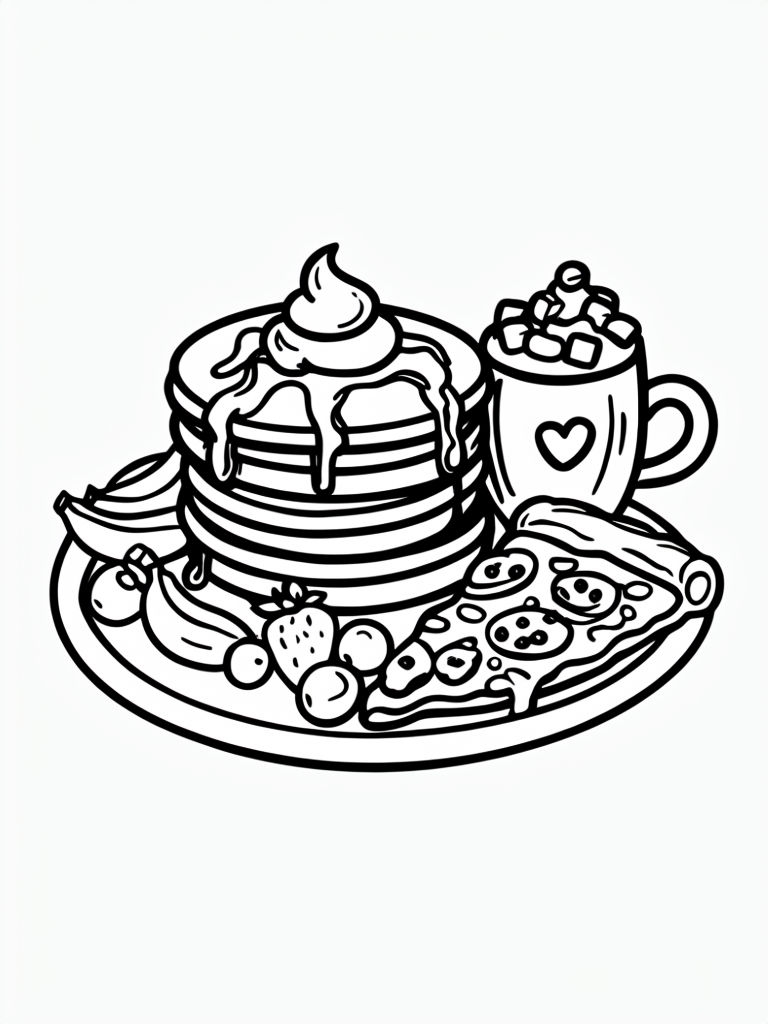 Playful Cartoon Food Scene Coloring Page with Pancakes and Pizza