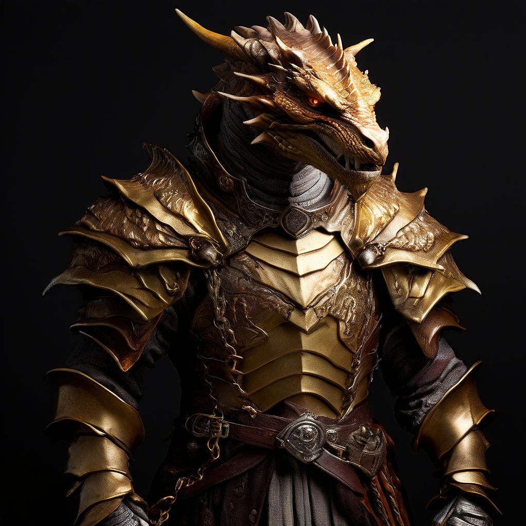 Un personaggio fantasy medievale; a skinny gold dragonborn c... by ...