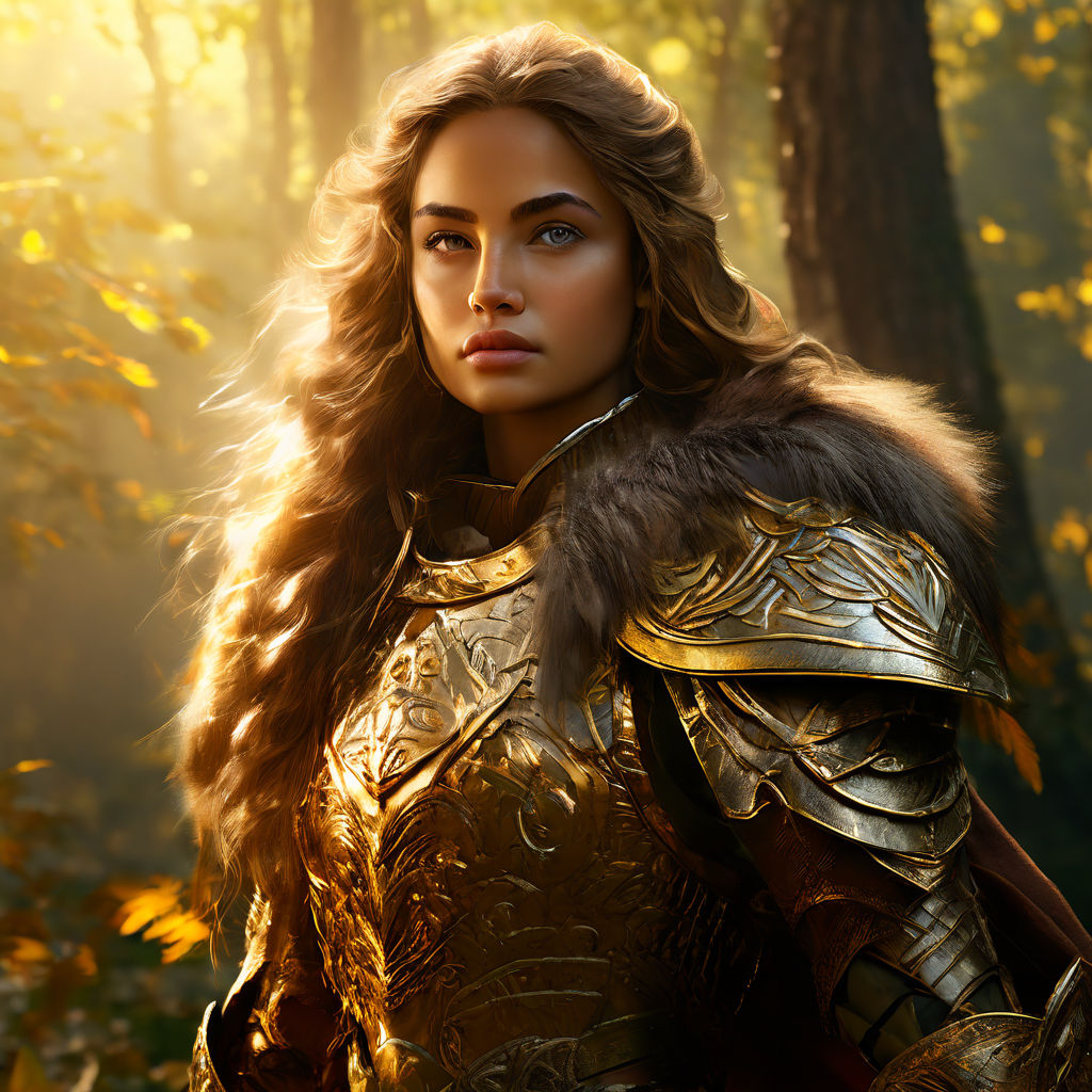 a beautiful very sexy warrior woman in a sexy golden armor