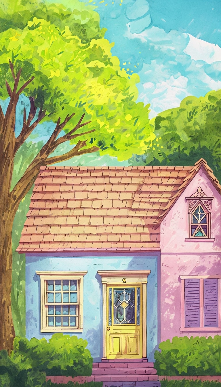 Charming Whimsical Two-Story House Cartoon Illustration Mobile Wallpaper