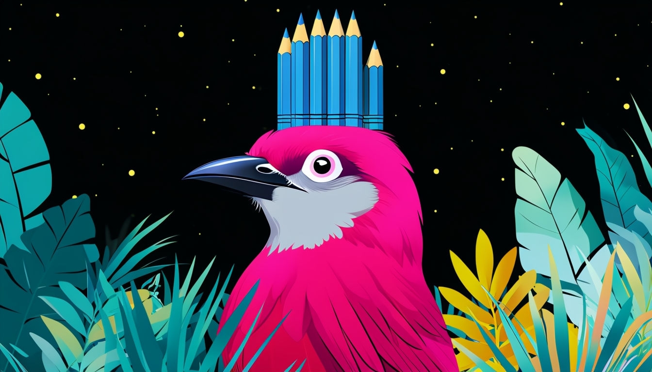 Whimsical Crimson Bird with Pencil Crown Against Starry Night Background Virtual Backgrounds