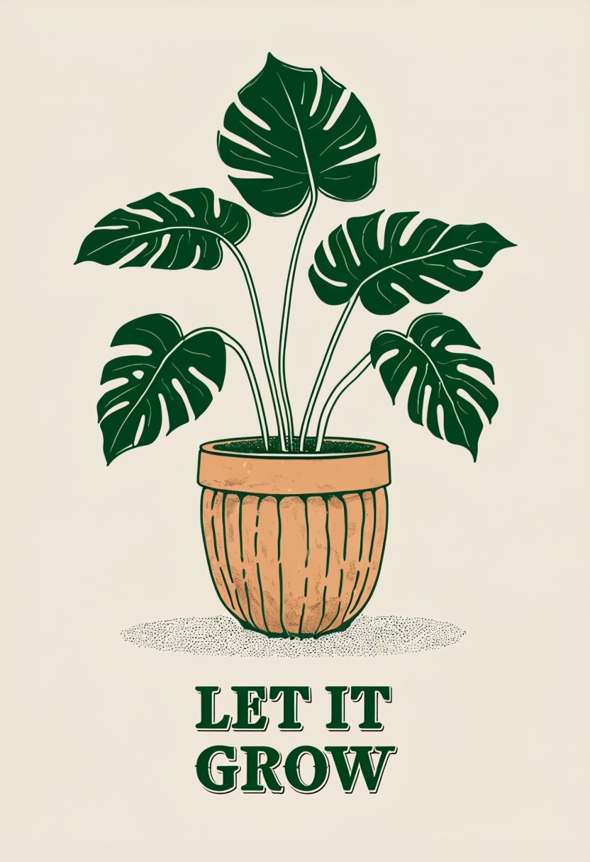 Minimalist Monstera Plant Line Drawing with Motivational Quote Poster