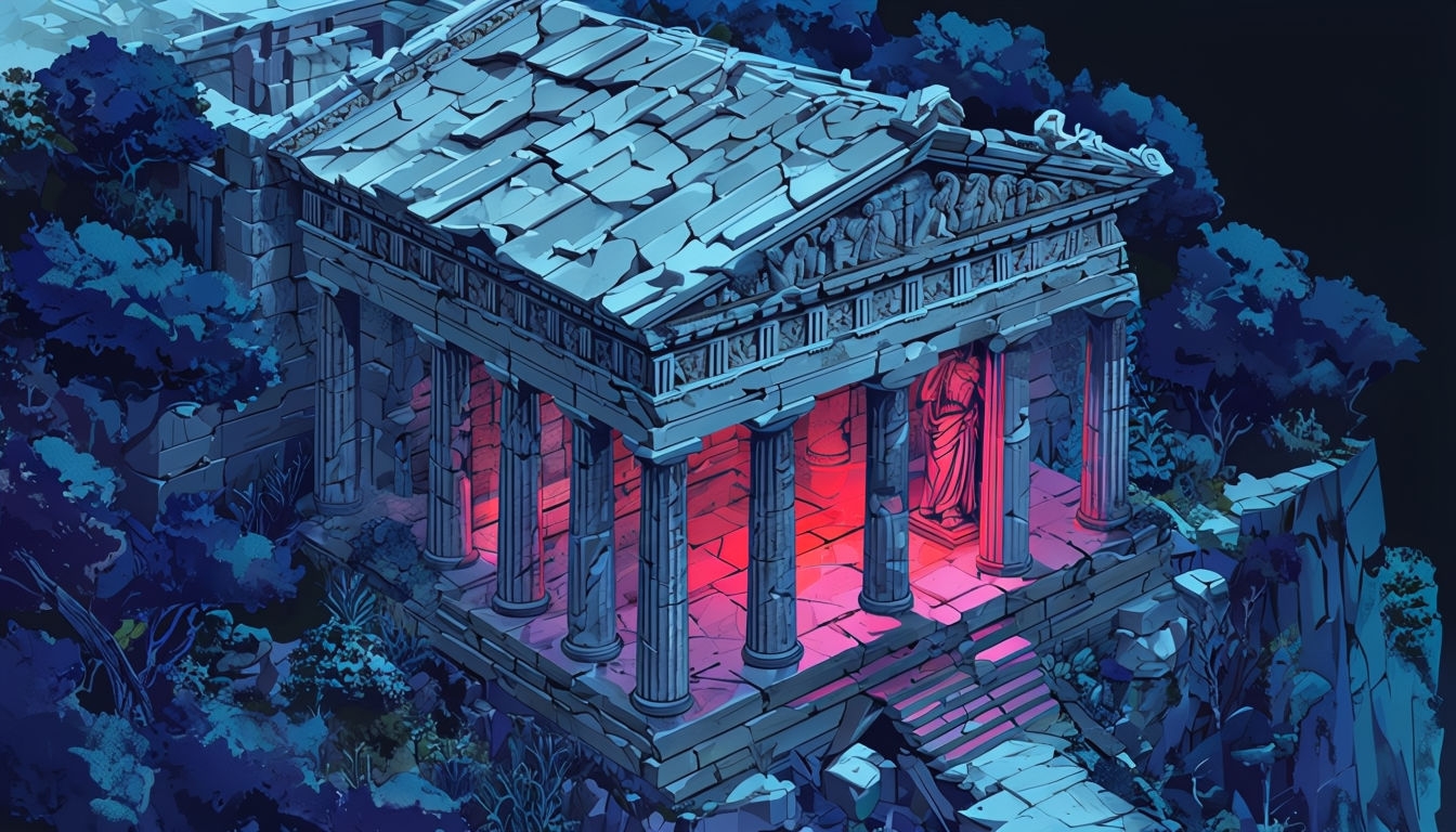 Intricate Ancient Greek Temple Ruins with Dramatic Lighting Background