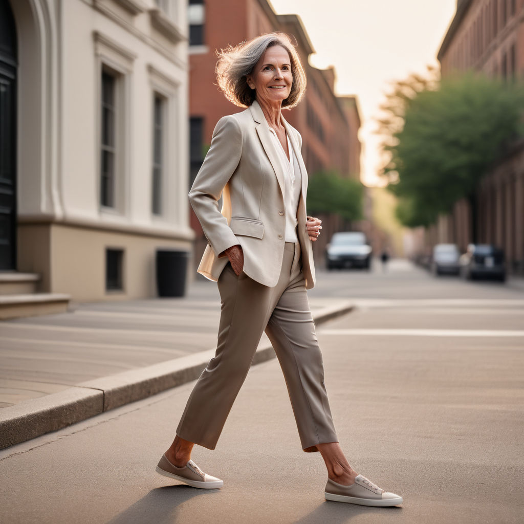 Elegant 50-year-old slim woman strides confidently in crispl... by ...