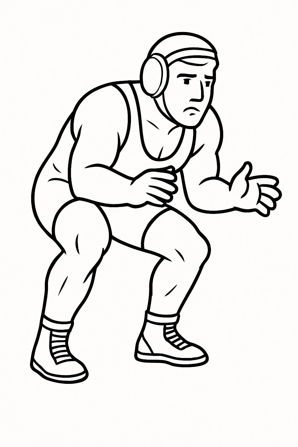 Dynamic Male Wrestler Crouching Stance Line Drawing Coloring Book Page