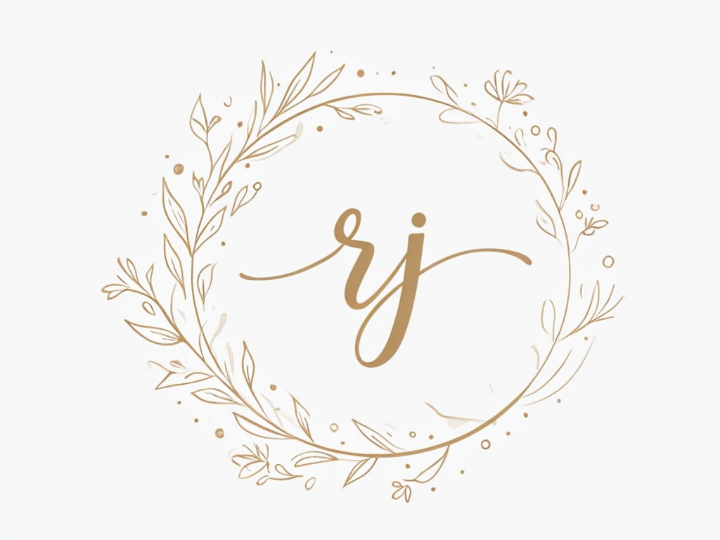 Elegant Golden Brown Cursive RJ Initials Logo with Floral Frame