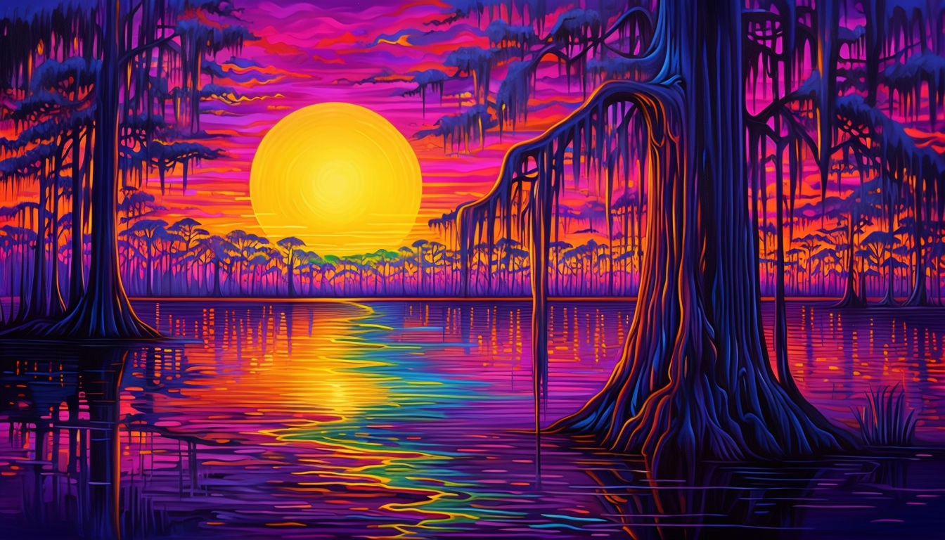 Vibrant Louisiana Swamp Sunset Digital Painting Background