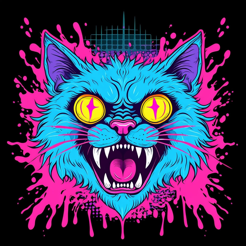 Vibrant Cartoon Monstrous Cat Face Illustration T-Shirt