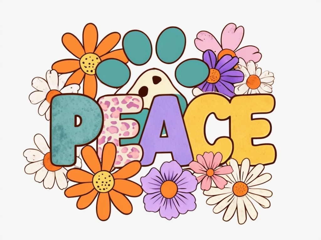 Vibrant Cartoon PEACE Typography with Flowers T-Shirt