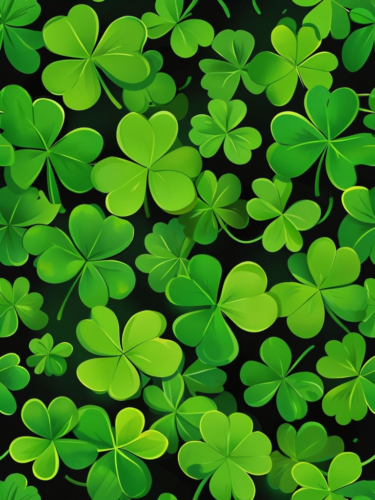 Vibrant Four-Leaf Clover Pattern on Black Background Mobile Wallpaper