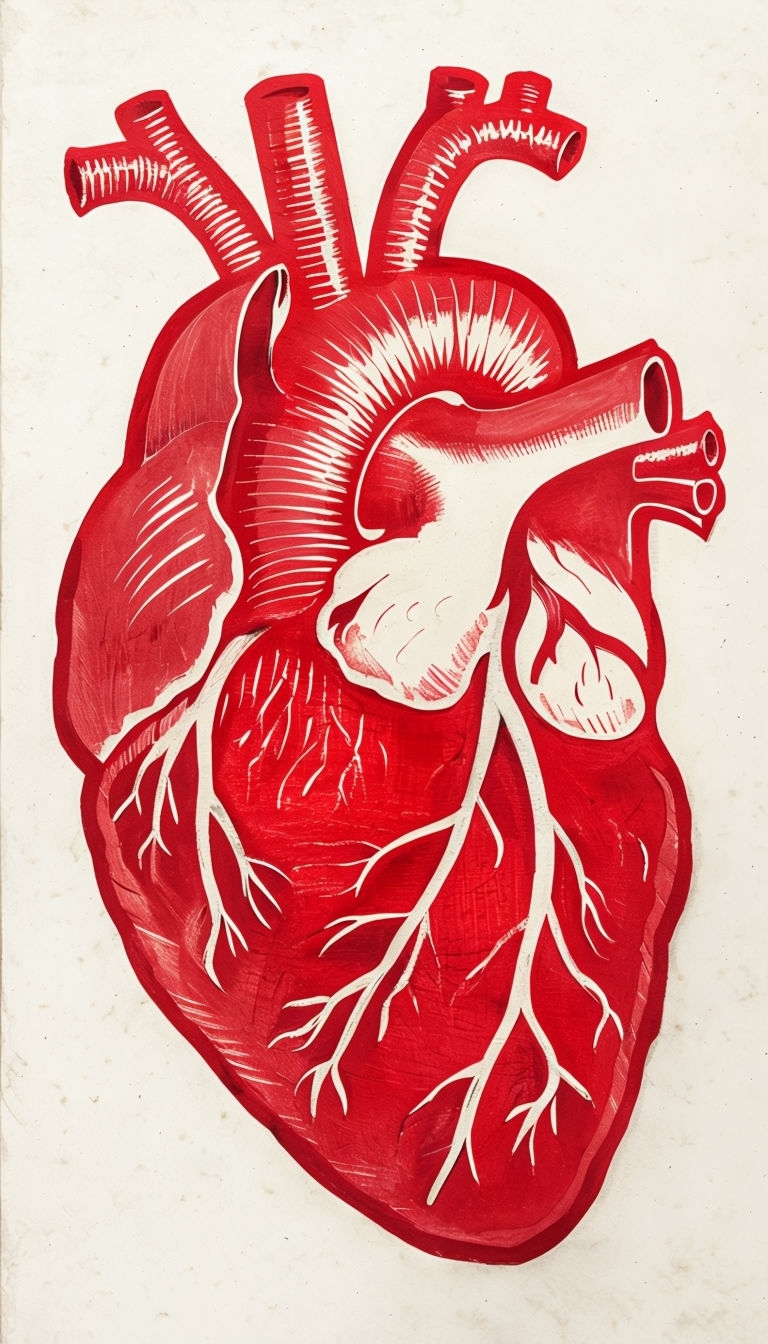 Crimson Red Anatomical Heart Woodblock Print Art