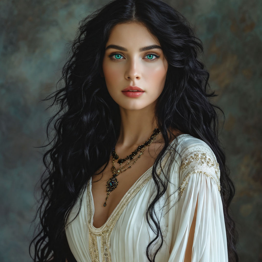 Woman Pale Skin Long Curly Black Hair Blue eyes