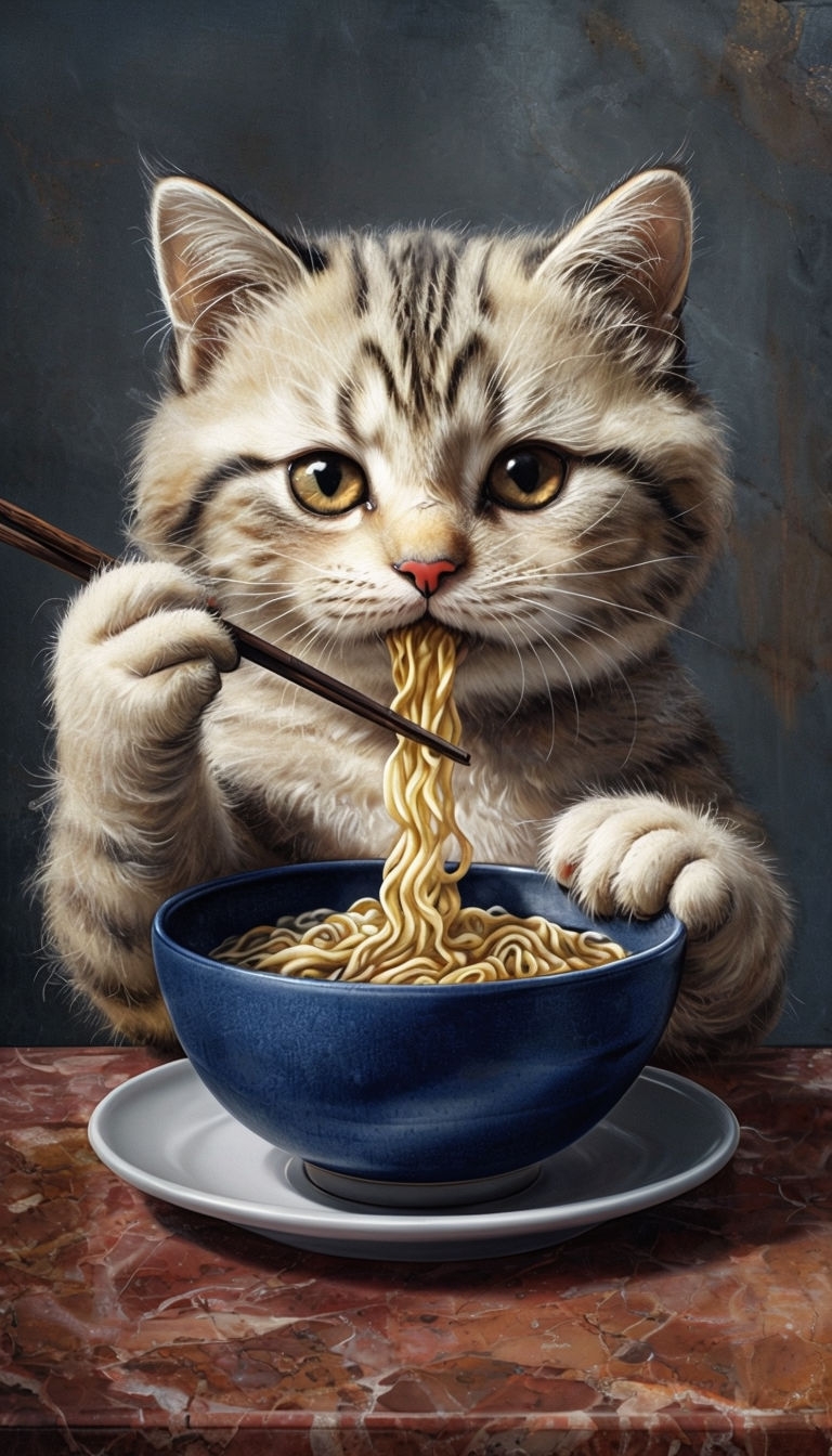 Adorable Tabby Cat with Noodles Photorealistic Art Illustration
