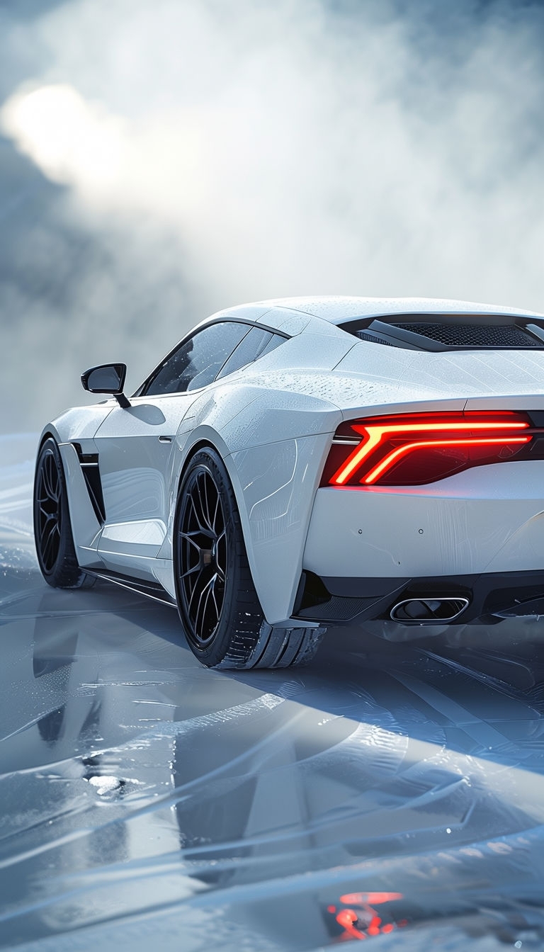 Sleek White Sports Car on Reflective Surface Mobile Wallpaper