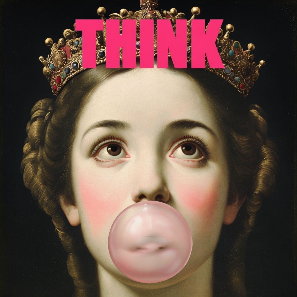 Surreal Portrait with Crown and Bubblegum Art for Album Cover