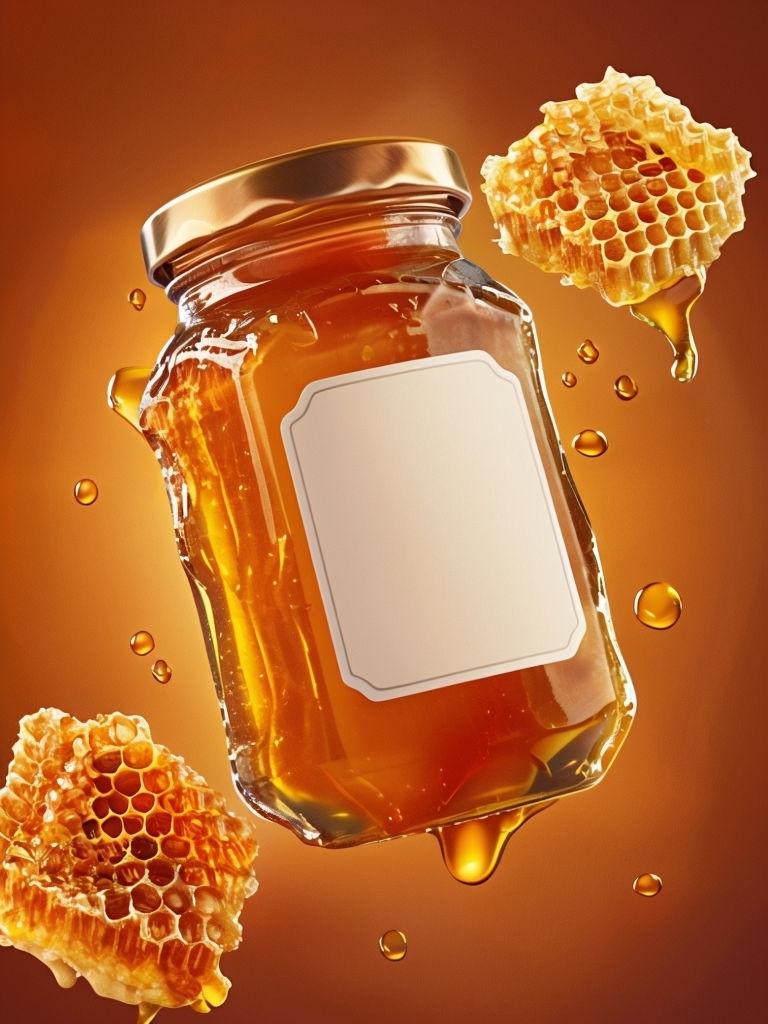 Vibrant Glass Jar of Honey with Honeycomb Pieces Mockup