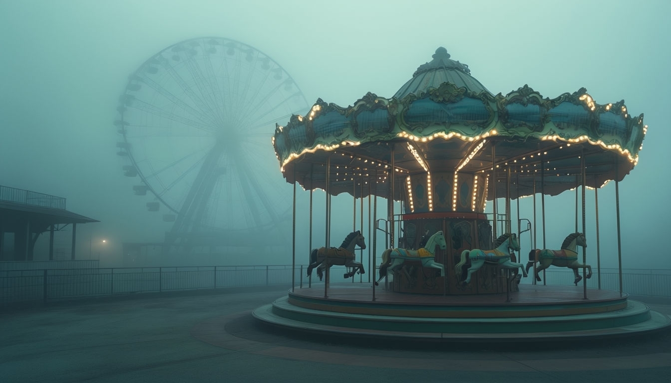 Eerie Foggy Abandoned Amusement Park Virtual Background