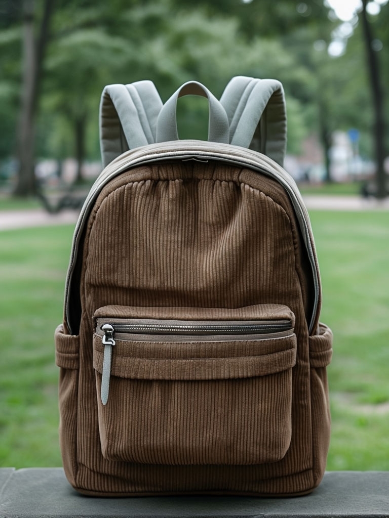 Stylish Brown Corduroy Backpack in Urban Park Setting Mockup